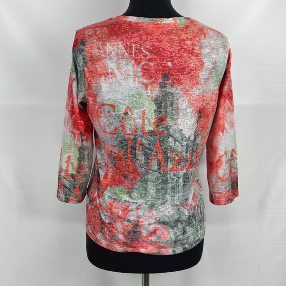Laura Petites burnout graphic print long sleeve V-neck mesh top womens petite M - Picture 4 of 11